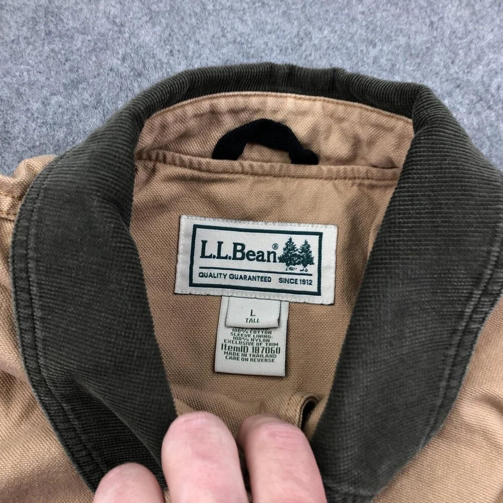 L.L. Bean Coat Mens Large Tall Beige Canvas Button Plaid Lined Outdoor Hiking